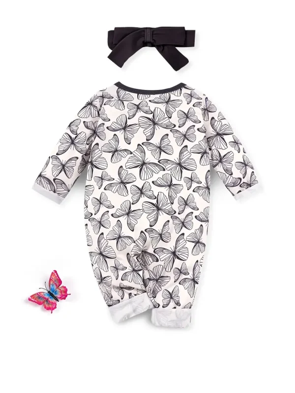 LULUKAKA Girls' Butterfly Print Long-Sleeve Romper with Matching Headband - Soft Polyester Blend, Machine Washable, Perfect for Outdoor