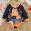 LULUKAKA Cute Cartoon Cat Print Long Sleeve Bodysuit, Polyester Knit Fabric, Regular Fit, with Crew Neck, Slight Stretch, for Newborns and Infants, Fall/Winter Collection, for Outdoor