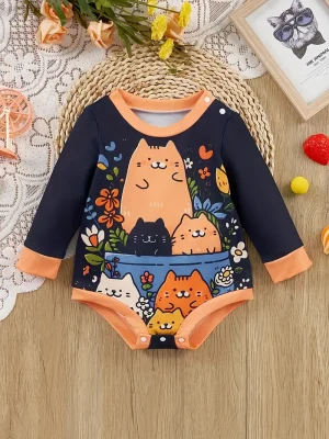LULUKAKA Cute Cartoon Cat Print Long Sleeve Bodysuit, Polyester Knit Fabric, Regular Fit, with Crew Neck, Slight Stretch, for Newborns and Infants, Fall/Winter Collection, for Outdoor