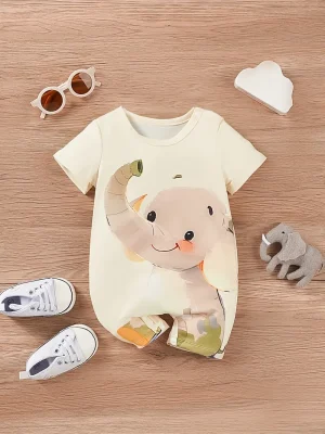 LULUKAKA Baby Boys Cute Cartoon Elephant Graphic Short-Sleeve Romper Outfit Unisex Infant Short-Sleeve Bodysuit, for Outdoor