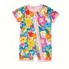 New LULUKAKA Children's Girls' Bamboo Fiber Loose Version Zipper Short Sleeve Short Leg One-Piece Suit with Flower Print Pattern Summer Thin Style Baby Girl Short Sleeve Bamboo Fiber Ha Clothes Children's One-Piece Shorts Summer Clothes Climbing Clothes, Perfect for Outdoor