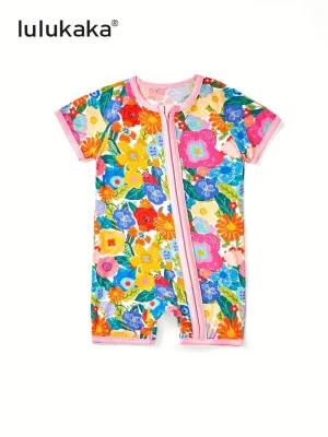 New LULUKAKA Children's Girls' Bamboo Fiber Loose Version Zipper Short Sleeve Short Leg One-Piece Suit with Flower Print Pattern Summer Thin Style Baby Girl Short Sleeve Bamboo Fiber Ha Clothes Children's One-Piece Shorts Summer Clothes Climbing Clothes, Perfect for Outdoor