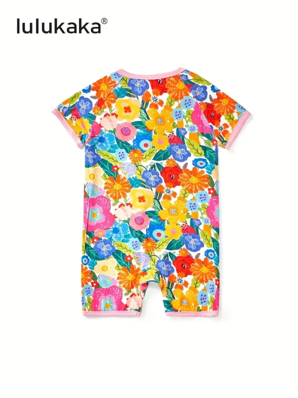 New LULUKAKA Children's Girls' Bamboo Fiber Loose Version Zipper Short Sleeve Short Leg One-Piece Suit with Flower Print Pattern Summer Thin Style Baby Girl Short Sleeve Bamboo Fiber Ha Clothes Children's One-Piece Shorts Summer Clothes Climbing Clothes, Perfect for Outdoor