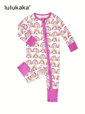 LULUKAKA Girls' Bamboo Fiber Romper, Cute Rainbow Stripe Print, Long Sleeve Raglan, Skinny Fit, Crew Neck, All-Season Knit Fabric with Zipper Closure, for Outdoor