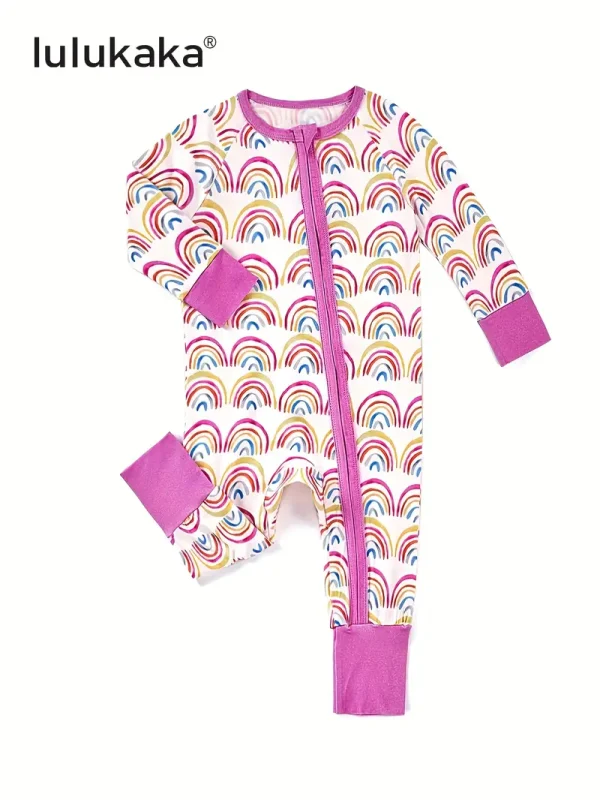LULUKAKA Girls' Bamboo Fiber Romper, Cute Rainbow Stripe Print, Long Sleeve Raglan, Skinny Fit, Crew Neck, All-Season Knit Fabric with Zipper Closure, for Outdoor