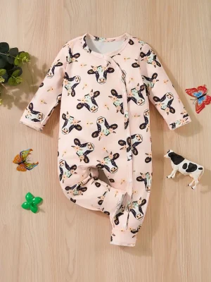 1pc LULUKAKA Cute Cartoon Cow Print Long Sleeve Baby Girls Romper, Casual Polyester Knit Fabric with Slight Stretch, Regular Fit Front Snap Closure for Fall/Winter, for Outdoor