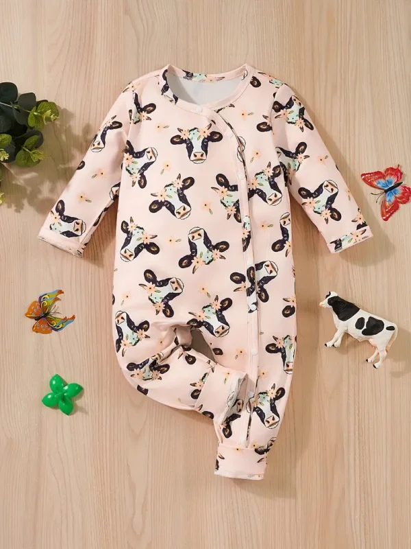 1pc LULUKAKA Cute Cartoon Cow Print Long Sleeve Baby Girls Romper, Casual Polyester Knit Fabric with Slight Stretch, Regular Fit Front Snap Closure for Fall/Winter, for Outdoor