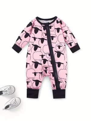 LULUKAKA Cute Sheep Print Zip-Up Bodysuit for Baby Boys - Long Sleeve, Stretchy Polyester Blend, Machine Washable, LULUKAKA, Perfect for Outdoor