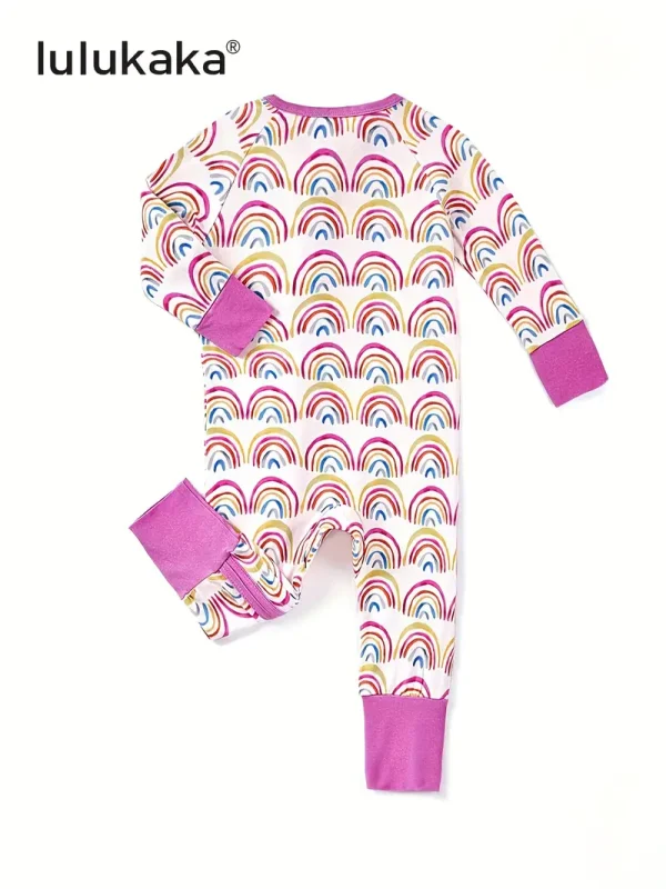 LULUKAKA Girls' Bamboo Fiber Romper, Cute Rainbow Stripe Print, Long Sleeve Raglan, Skinny Fit, Crew Neck, All-Season Knit Fabric with Zipper Closure, for Outdoor
