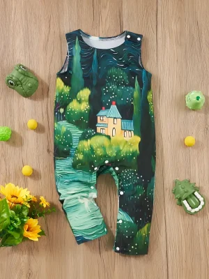 LULUKAKA Boys' Sleeveless Onesie with Whimsical Forest & Cottage Print - Soft Polyester & Spandex Blend, Round Neck Romper for Newborns to Toddlers, Machine Washable, Perfect for Outdoor (Copy)