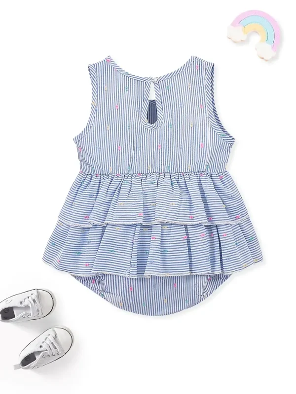 1pc LULUKAKA Baby Girls' Sleeveless Striped Print Romper, Casual Polyester Knit Fabric, Round Neck with Waterdrop Buckle, Regular Fit Infant Bodysuit, for Outdoor