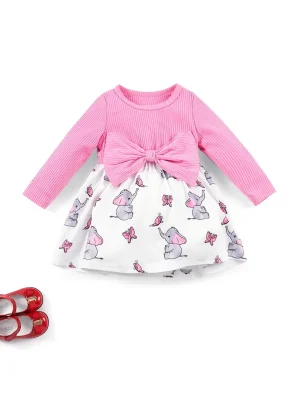 [1pc Toddler Elephant Print Dress] LULUKAKA Toddler Casual Dress, Polyester Knit Fabric, Long Sleeve Crew Neck, Cartoon Elephant Print, with Bow Detail, for Fall/Winter Playwear