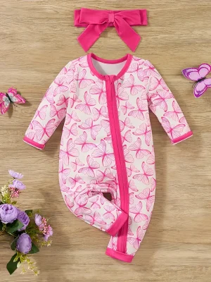 LULUKAKA Two-piece Set for Girls with Full-Print Body Suit, Butterfly Print Pattern, Long-Sleeved Body Suit with Zipper, Newborn Baby Clothes with Headwear, Perfect for Outdoor