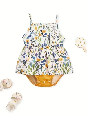 1pc LULUKAKA Baby Girls' Floral Print Romper, Sleeveless Tank Top Sundress, Polyester 95% Spandex 5% Woven Fabric, Casual Regular Fit Infant Bodysuit, for Outdoor