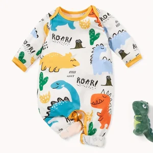 LULUKAKA Cute Dinosaur Cartoon Print Long-Sleeve Romper for Baby Boys - Cozy Polyester Blend, Machine Washable, LULUKAKA, Perfect for Outdoor