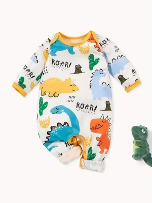 LULUKAKA Cute Dinosaur Cartoon Print Long-Sleeve Romper for Baby Boys - Cozy Polyester Blend, Machine Washable, LULUKAKA, Perfect for Outdoor