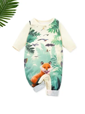 1pc LULUKAKA Newborn Baby Boy Long Sleeve Round Neck Open Shoulder Snap Romper, Cute Animal Print All-Season Knit Polyester 95% Spandex 5% Regular Fit Infant Bodysuit, for Outdoor